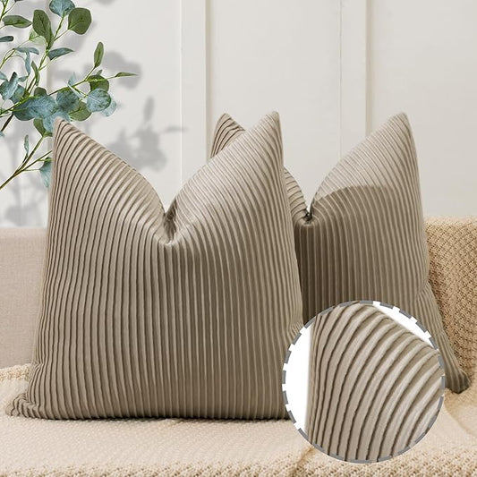 YCOLL Khaki Pillow Covers 24x24 Set of 2 Velvet Striped Pattern - Soft Throw Pillows for Home Decor, Luxury Decorative Pillow Covers for Couch, Bed,Living Room