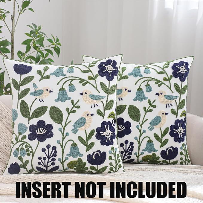 Embroidered Throw Pillow Covers 18x18 Pack of 2 Birds Pillow Covers Green Leaves with Floral Pillowcases Farmhouse Pillow Cushion Cases Square Navy Blue Flower Pillow Case Summer Home Decor