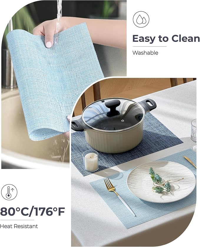 Leetaltree Soft Sky Blue Woven Placemats Set of 4 - Heat Resistant Non-Slip Place mats for Dining Table, Washable Durable PVC Vinyl Woven Table Mats(Sky Blue, 4)