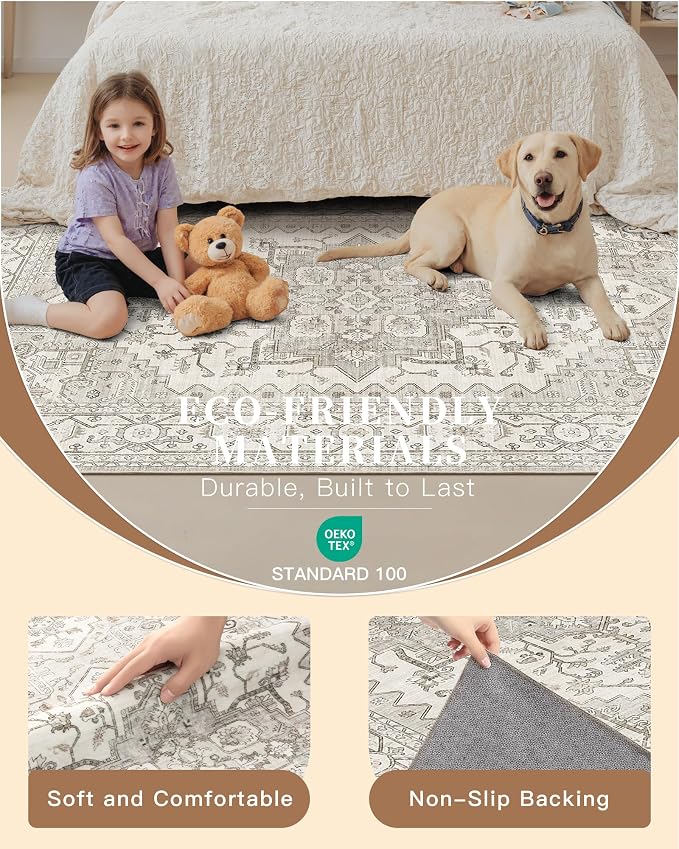 Madane Washable Area Rug 2x3 Small Entryway Rugs Non-Slip, Beige/Brown | Vintage Stain-Resistant Door Mat Indoor Entrance, Low Pile Floor Carpet for Inside Front Bedroom Kitchen Entry Laundry, Stair