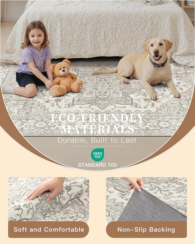 Madane 5x7 Area Rugs for Living Room, Non-Slip Washable Rug, Beige/Brown | Ultra-Thin Stain Resistant Vintage Large 5'X7' Carpet, Soft Low Pile Floor Mat For Bedroom Dining Room Office Home Decor