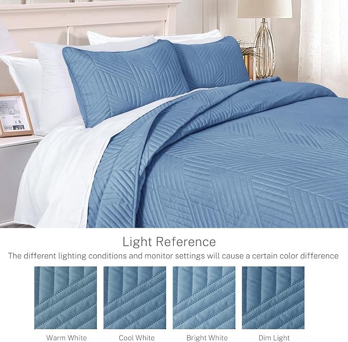 Exclusivo Mezcla Ultrasonic King Quilt Bedding Set, Grayish Blue | Lightweight Bedspreads, Soft Microfiber, Modern Geometric Coverlet, All Season Bed Cover, 1 Quilt and 2 Pillow Shams