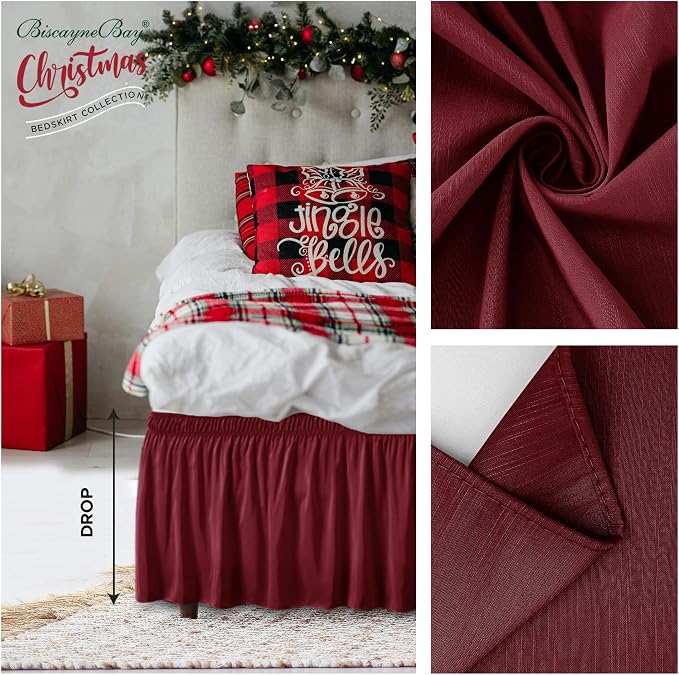 Wrap Around Queen Size Bed Skirt 19 Inch Drop-Elastic Dust Ruffle Burgundy | Adjustable Pleated Bedskirt-Easy Fit Wrinkle Resistant Washable Hotel Quality Fabric Bed Skirting-Master Guest Bedroom Rental