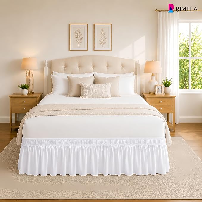 White Bed Skirt King Size 25 Inch Drop, Elastic Wrap Around Bedskirt | Solid Ruffled, Easy to Use, No Mattress Lifting, Wrinkle & Fade Resistant, with Adhesive Strips, Machine Wash/Dry/Iron