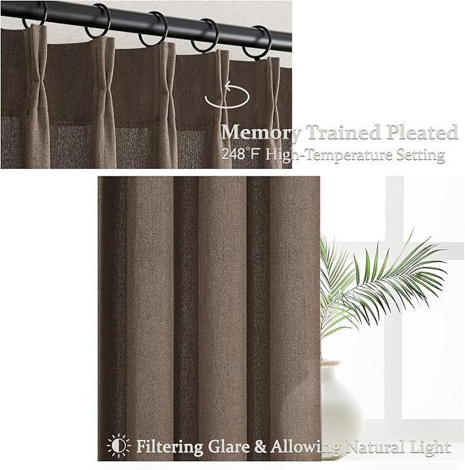 Dark Brown Pleated 90 Inch Bedroom Curtains 2 Panels Set, Memory Shape Pinch Pleat Linen Semi Sheer Light Filtering Privacy Windows Drapes Country Dining Room Curtain 90 Inches Long with Hooks & Rings