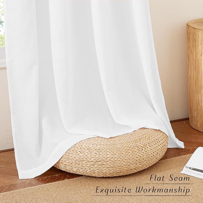 NICETOWN White Linen 108 inch Curtains for Living Room, Rod Pocket & Back Tab Thick Flax Privacy Semi Sheer Window Treatments with Light Filtering for Bedroom, W55 x L108, 2 Panels