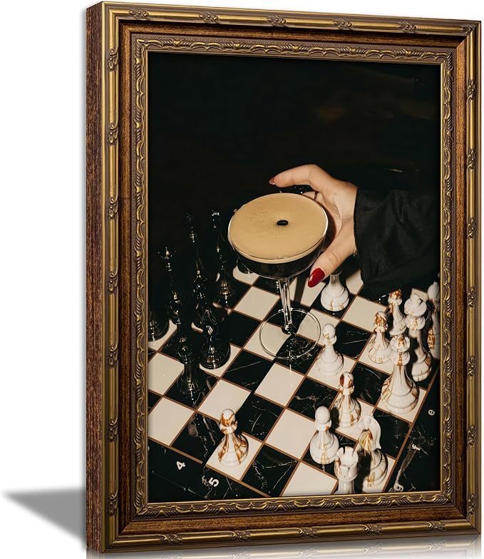 Vintage Gold Framed Martini Bar Wall Art, Moody Cocktail and Chess Canvas Print, Dark Espresso Martini Painting Picture, Chessboard Aesthetic Poster Print Artwork for Kitchen Dining Room Home Bar