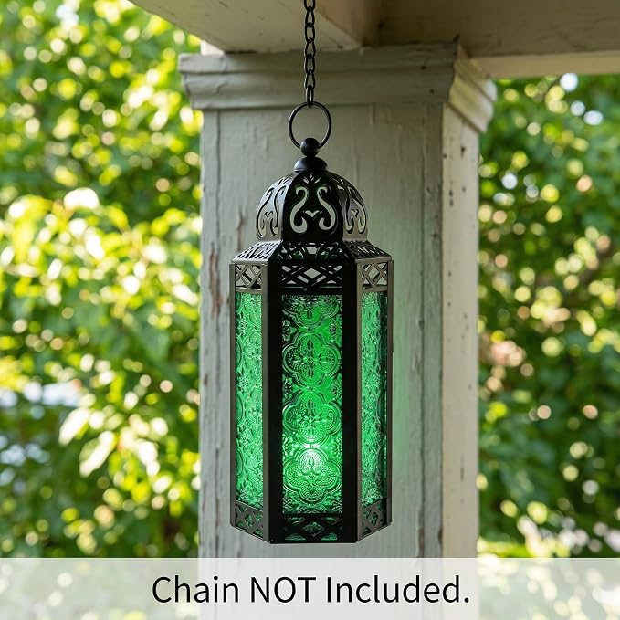 Vela Lanterns Decorative Indoor Moroccan Candle Holder, Green, M | Emerald Green Glass Decor, Ramadan Lantern, Turkish Votive Pillar Lamp, Whimsigoth Witch Tealight Holder, 10.5in Tall