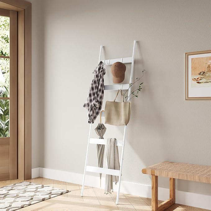 ELYKEN Blanket Ladder, 5-Tier Towel Rack, Wall-Leaning Quilt Holder | Farmhouse Wood Display Stand with 4 Hooks, Decorative Rack Shelf for Living Room, BedRoom, Bathroom, White