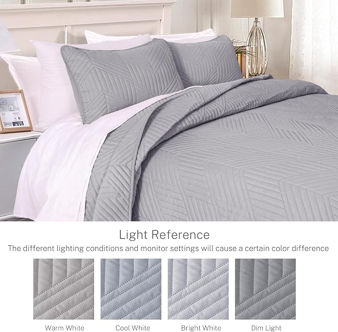Exclusivo Mezcla Ultrasonic Twin Quilt Bedding Set, Light Grey | Lightweight Bedspreads, Soft Microfiber, Modern Geometric Coverlet, All Season Bed Cover, 1 Quilt and 1 Pillow Sham