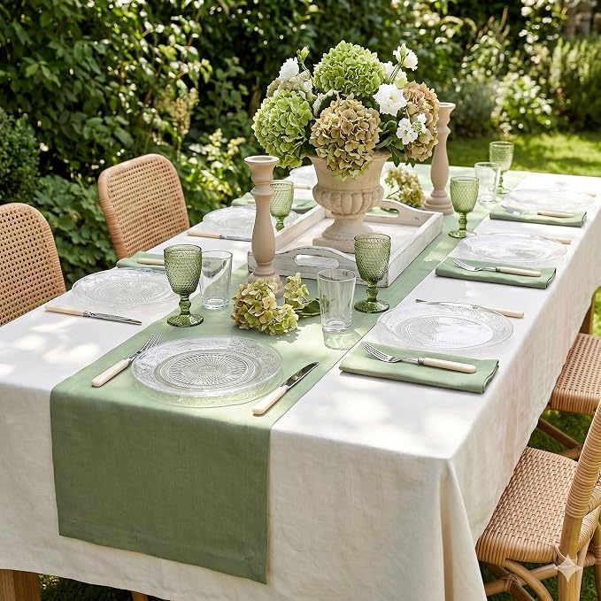 Solino Home 100% Pure Linen Table Runner Oil Green Long, Fete 14 x 120 in | a graceful centrepiece for dining and gatherings, European flax fibres, gift ready packaging, Oil Green, OEKO-TEX Certified