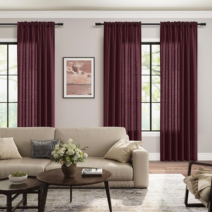 Burgundy Linen Curtains 96 Inches Long 2 Panel Set Rod Pocket Semi Sheer Dining Room Cozy Bedroom Decor Cotton Look Country Rustic Farmhouse Boho Curtains 52x96