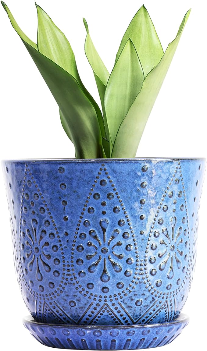 Gepege 8 Inch Ceramic Plant Pot with Drainage & Saucer | Large ceramic plant pot with drainage hole, ceramic saucer and mesh pad, ideal for indoor plants, flowers and houseplants