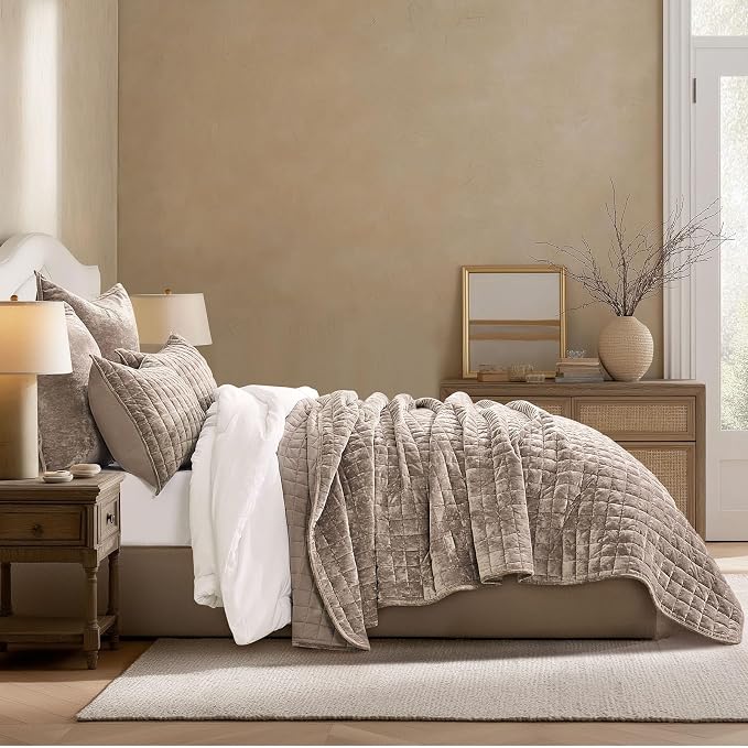 RECYCO Channel Box Stitch Velvet Quilt Set, Full Queen Size, Natural Tan | Ultra Soft Lightweight Velvet Comforter, Luxury Oversized Bedspread Coverlet, Quilted Bedding Set for All Season with 2 Shams