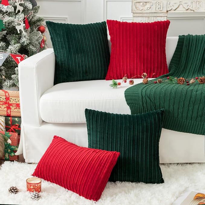 Kevin Textile Striped Corduroy 18”x18” Pillow Covers 2 Pack, Dark Green
