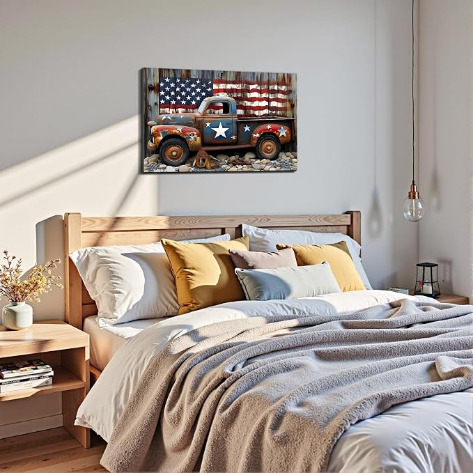 Framed Rustic American Flag Vintage Truck Wall Art, Patriotic Farmhouse Canvas Art Pictures, Distressed USA Wall Decor for Garage Man Cave Living Room, Ready to Hang Made in USA