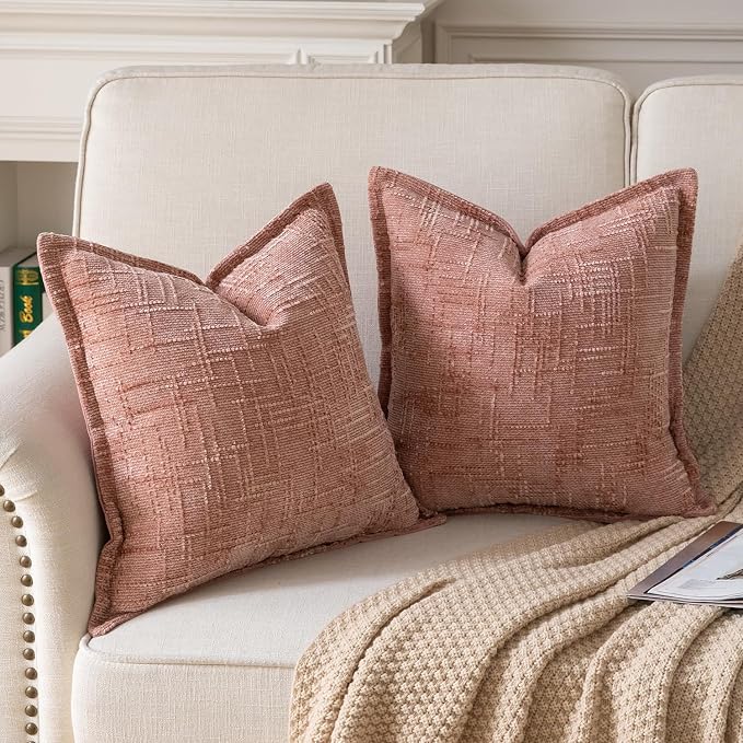 Yaertun Chenille Throw Pillow Covers 22x22 Inch Set of 2 Textured Broadside Soft Cozy Velvet Pillow Covers Modern Farmhouse Boho Decorative Pillow Cases for Couch Bed Sofa Livingroom Dusty Pink