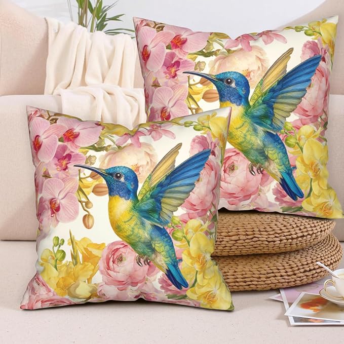 Spring Pillow Covers 16x16 Set of 2 Pink Yellow Moth Orchid Buttercup Floral Pillow Case Hummingbird Throw Pillow Covers for Home Decor Couch Sofa