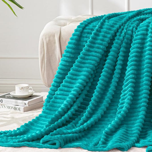 BEDELITE Ribbed Jacquard Ocean Blue Fleece Twin Blanket for Bed, 60x80 Inch | Soft Warm Decorative Fluffy Blanket, Cozy Plush Lightweight Fuzzy Throw Blanket for Couch Sofa Room Decor, Gift for Women