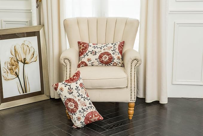 Mika Home Pack of 2 Jacquard Circle Floral Throw Pillow Covers, Cream Red | Rectangle, Oblong Pillow Cases, For 12X20 Inserts
