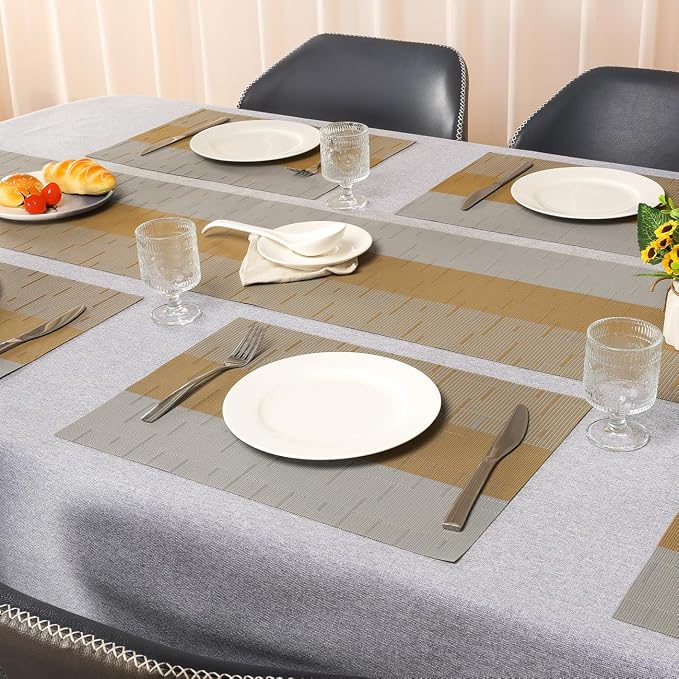 Placemats Set of 6, Vinyl Woven Heat-Resistant Place Mats | Washable Wipeable PVC Table Mats, Non Slip Placemat for Kitchen Dining Indoor Outdoor Table (Gray Light Brown, Set of 6)