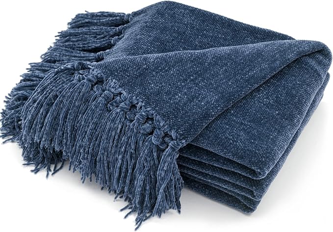 RECYCO Chenille Throw Blanket for Couch, 50"x60", Blue | Super Soft Knit Throw Blanket with Fringe Tassels, Lightweight Knitted Throw, Cozy, Ideal for Sofa Chair Bed Living Room Gift