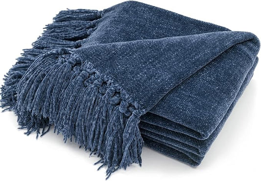 RECYCO Chenille Throw Blanket for Couch, 50"x60", Blue | Super Soft Knit Throw Blanket with Fringe Tassels, Lightweight Knitted Throw, Cozy, Ideal for Sofa Chair Bed Living Room Gift