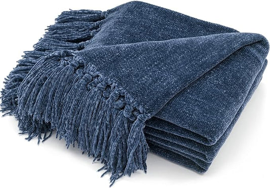 RECYCO Chenille Throw Blanket for Couch, 60"x80", Blue | Super Soft Knit Throw Blanket with Fringe Tassels, Lightweight Knitted Throw, Cozy, Ideal for Sofa Chair Bed Living Room Gift