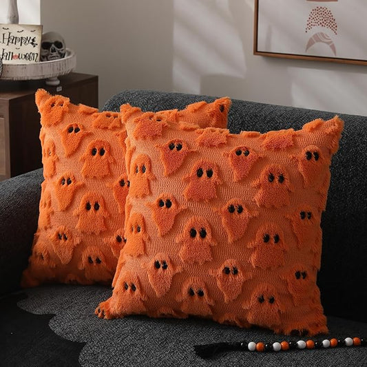 DFXSZ Halloween Pillow Covers 16x16 inch 2Pcs Orange Ghost Halloween Decor