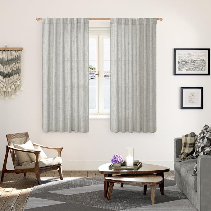 Light Grey Linen Semi Sheer Curtains 52x63 Inch Length for Living Room | Textured Window Drapes with Rod Pocket Back Tab Light Filtering for Office Bedroom, 2 Panels Set