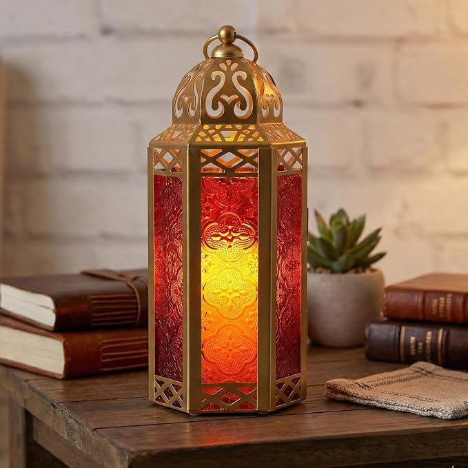 Vela Lanterns Decorative Indoor Moroccan Candle Holder, Gold Red, M | Ramadan Decorations for Home, Red Candle Lantern, Eid Table Centerpiece, Hanging Tealight Votive Pillar Holder, 10.5in