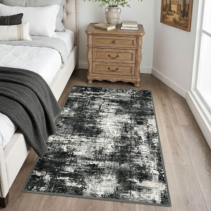 Lansny Abstract Washable Entryway Rug 3x5 Area Rug Non Slip Kitchen Rugs | Charcoal Black;Thin Printed Faux Wool Door Mat;Entry Rug;Front Door Rug Indoor;Rubber Backed Floor Carpet;Throw Rugs