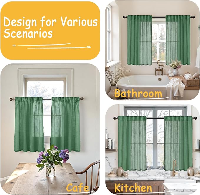 YoungsTex Green Linen Kitchen Window Curtains 40 Inch Length - Small Semi Sheer Drapes with Back Tab Rod Pocket Lightweight for Cafe Bathroom Windows, 2 Panels, 34 X 40 Inch