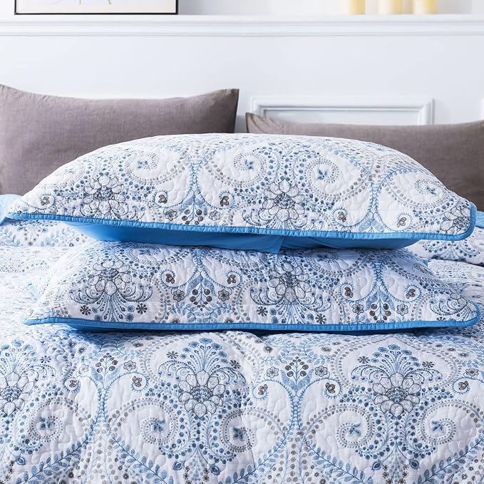 NEWLAKE Cotton Bedspread Quilt Sets - Reversible Patchwork Coverlet Set, Blue Classic Royal Pattern, California King Size