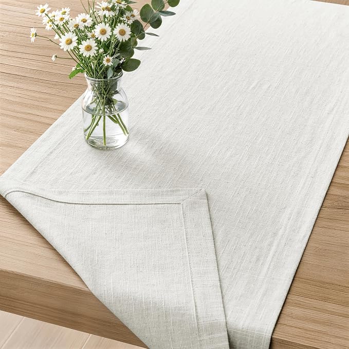100% Natural Cotton Linen Table Runner, 14x90in Natural White | 75% Linen 25% Cotton, Soft Breathable, Mitered Stitched Corner, Textured Farmhouse Table Runner, Rustic Home Kitchen Decor
