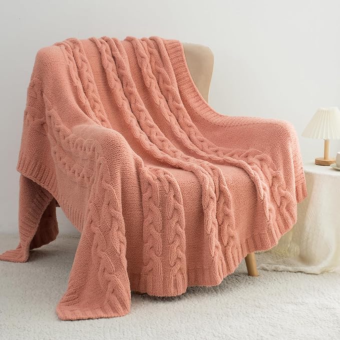 Chunky Knit Blanket Super Soft Cable Fluffy Microfiber Cozy Warm Winter Blankets for Couch Sofa Bed Twin Size 60"X80" Pink