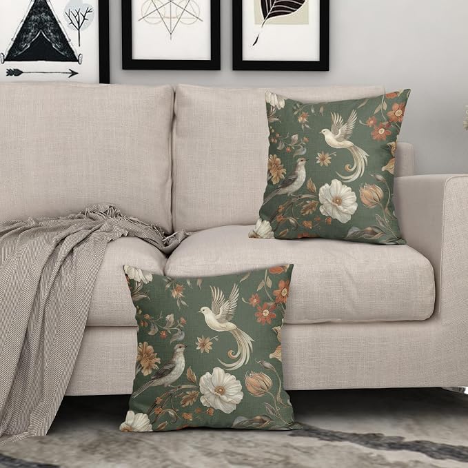 Kawani Vintage Floral Pillow Covers 24x24 Inch Set of 2 Green Chinoiserie Flower and Bird Outdoor Decorative Throw Pillows Retro Rustic Pillowcases Farmhouse Cushion Covers for Couch Home Decor