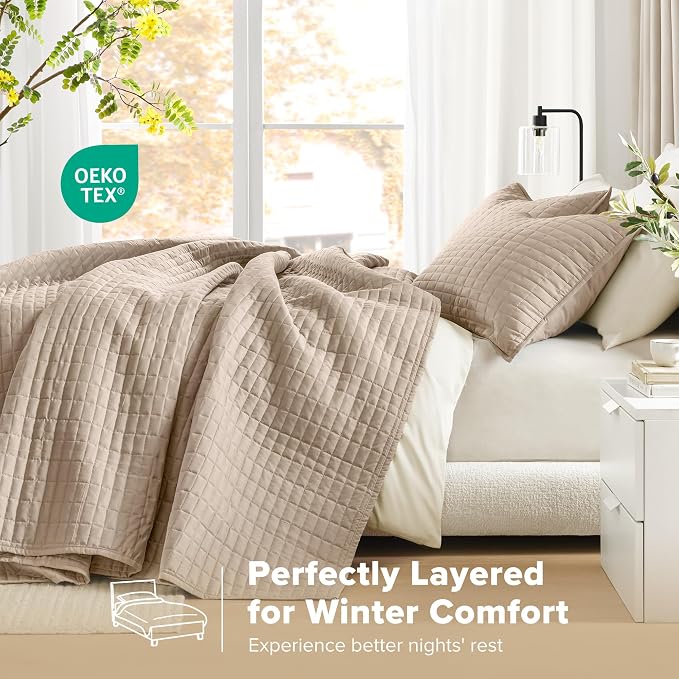 Comfort Spaces - CS13-0933 Kienna Quilt Coverlet Bedspread Ultra Soft Hypoallergenic All Season Lightweight Filling Stitched Bedding Set, Oversized Queen(102"x118"), Taupe 3 Piece | Coverlet for Summer Soft Cozy Lightweight All Season Quilted Extra Lay...