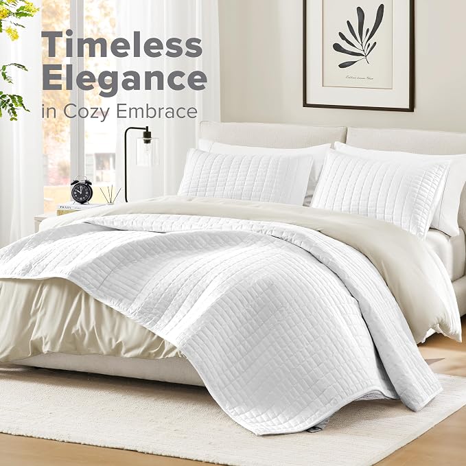 Comfort Spaces Oversized Bedspread Queen Quilt Set 3 Piece 102x 118 White | Coverlet for Summer Soft Cozy Lightweight All Season Quilted Extra Layer with Matching Sham, Bedroom Decor OEKO-TEX Certified