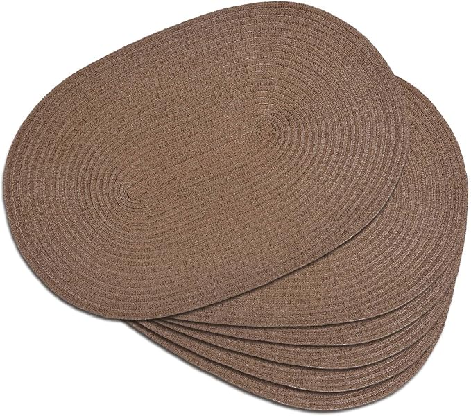 Placemats Set of 6, Woven Oval Braided Dining Table Mats(Chocolate Brown) | 12 x 17.5 Inch Size Fits Plates and Flatware; Hand Washable and Heat Resistant for Kitchen Use, with Farmhouse and Boho Style