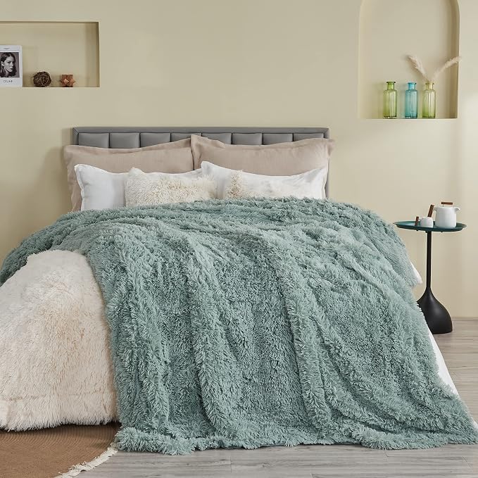 GONAAP Fuzzy Faux Fur Queen Blanket for Couch, Ice Blue, 90"x90" | Warm Cozy Plush Shaggy Decorative Reversible Thick Non-Heated Fleece Blanket for Sofa Bed, Gift for Women Men, All Season Use