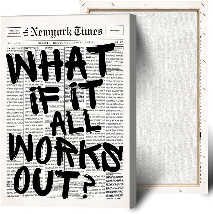 Drimiler Retro Black And White Newspaper Poster What If It All Works Out Canvas Wall Art Positive Affirming Quote Minimalist Prints Painting For Home Bedroom Dorm Wall Decor 12x16in Wframed
