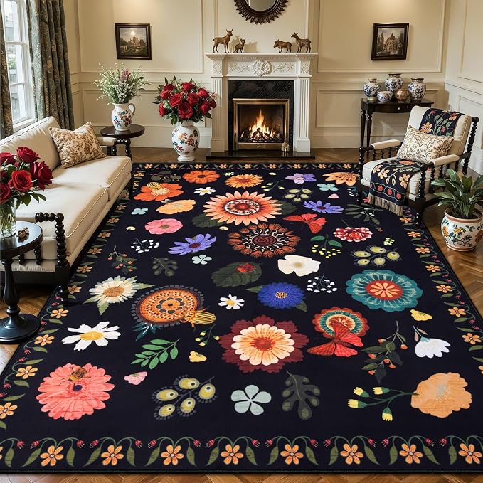Ciicool 9x12 Area Rug for Living Room，Floral Non Slip Machine Washable Rugs | Soft Indoor Large Carpet for Bedside Dining Room Bedroom Nursery Playroom Home Office