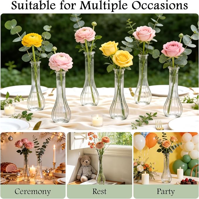 Glass Bud Vases for Centerpieces, 6 Pack Clear Small Flower Vases | Cute Glass Vases for Wedding Decorations and Indoor Home Decor, Hurricane Candle Holder for Table Shelf, Party