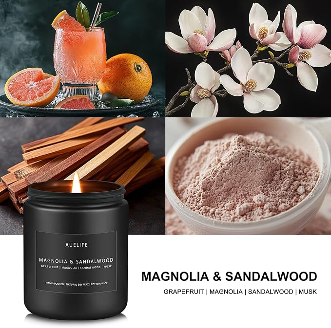 Magnolia & Sandalwood Scented Candle for Men, Soy Wax 7 oz | Masculine Aromatherapy; Soy Candles for Home Scented, Manly Decor for Home; 50H Long-Lasting Burn