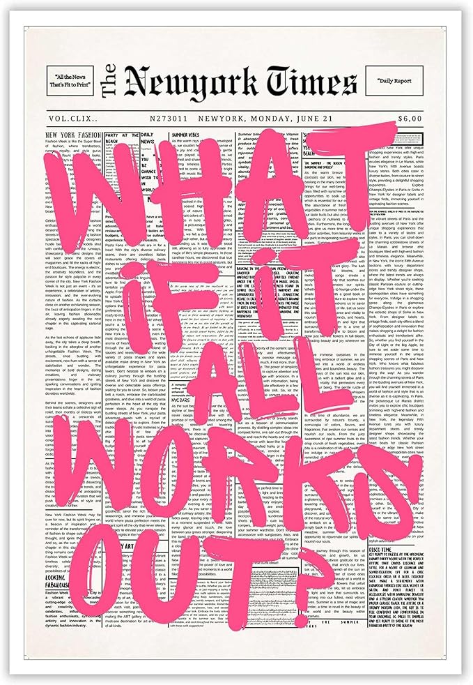 Drimiler Retro Newspaper Pink Font Poster What If It All Works Out Canvas Wall Art Positive Affirming Quote Minimalist Prints Painting For Home Bedroom Dorm Wall Decor 12x18in Unframed
