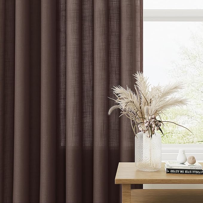 Coffee Linen Curtains 108 Inch Length for Living Room Bedroom 2 Panels Set Rod Pocket Light Filtering Semi Sheer Window Curtains 52 Inch Width Boho Farmhouse Linen Drapes, W52xL108