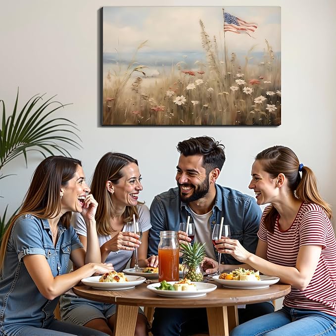 Framed American Flag Wildflower Field Wall Art, Patriotic Rustic Canvas Art Pictures, USA Flag Coastal Meadow Wall Decor, Made in USA Ready to Hang for Living Room Bedroom
