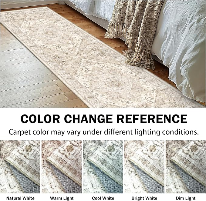 AooHHooA Boho Washable 2x6 Runner Rugs Non Slip Low Pile, Stain Resistant Vintage Soft Runners for Kitchen Hallway Laundry Entryway Bedroom,Beige