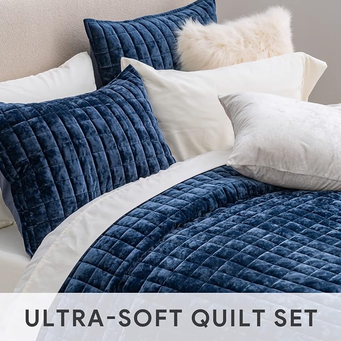 RECYCO Channel Box Stitch Velvet Quilt Set, Full Queen Size, Navy Blue | Ultra Soft Lightweight Velvet Comforter, Luxury Oversized Bedspread Coverlet, Quilted Bedding Set for All Season with 2 Shams